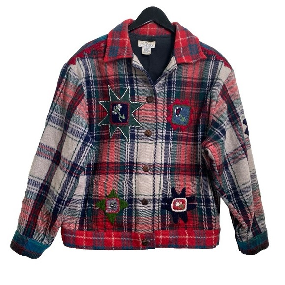 Vintage SANDY STARKMAN Red Plaid  Embroider Appliqué Wool Blend Shacket Jacket L - Picture 4 of 15